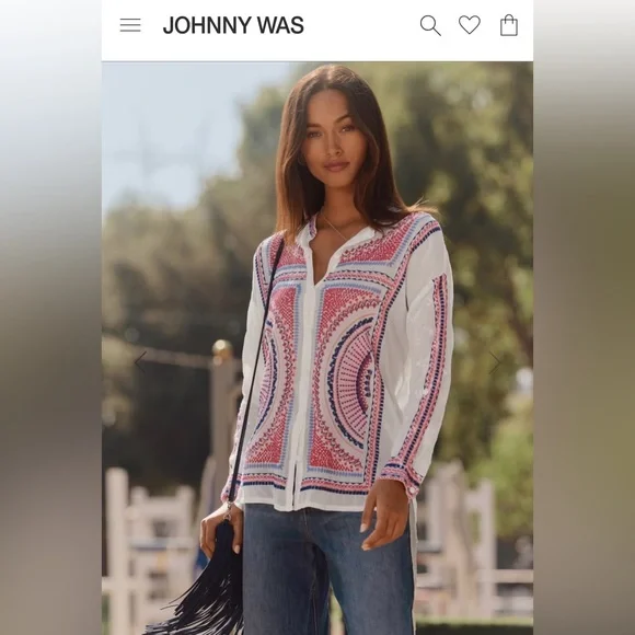 Johnny Was NWT
THE AUDREY MANDARIN COLLAR SHIRT, MAURA
- WHITE, XL - Picture 13 of 13